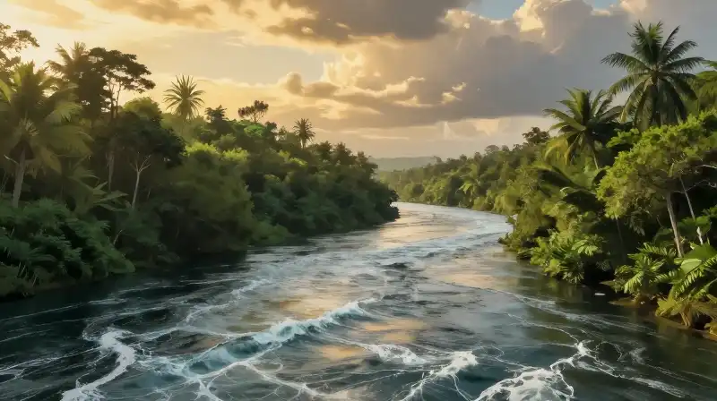 A vibrant golden waterway flows through dense, lush tropical jungle