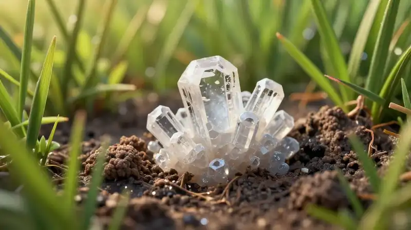 Golden light highlights microscopic gypsum dissolving into rich green earth