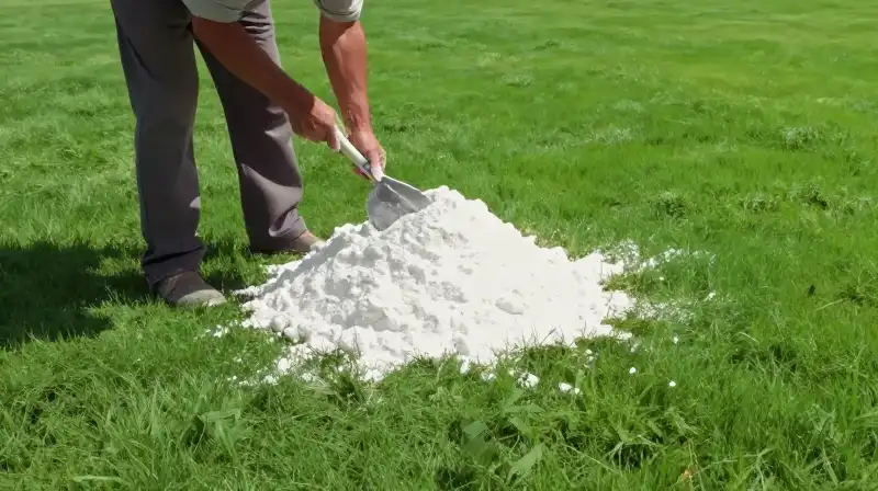 A man spreads white gypsum onto vibrant, lush green turf under a bright sun