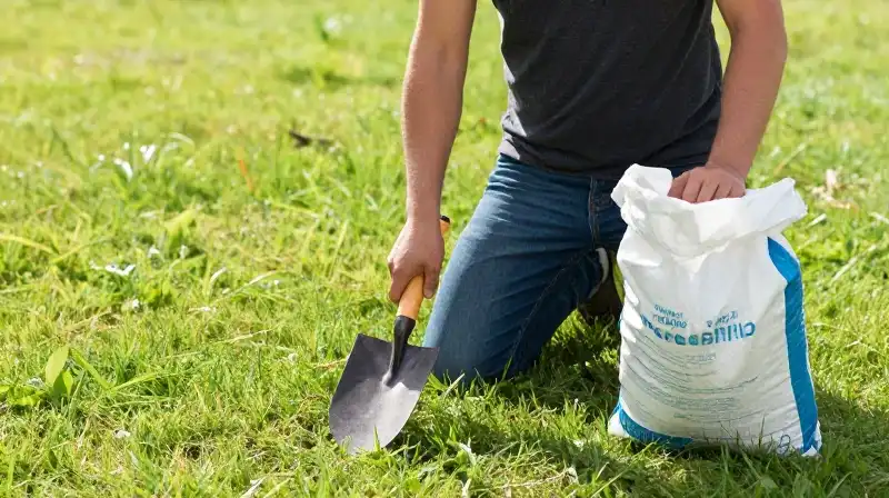A man works on a patchy lawn under bright sunlight with tools