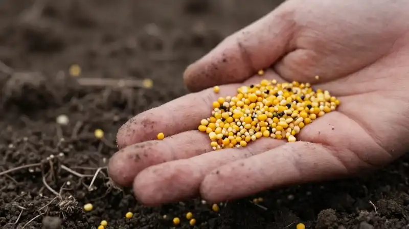 A hand spreads vibrant hairy vetch seeds onto dark, rich soil
