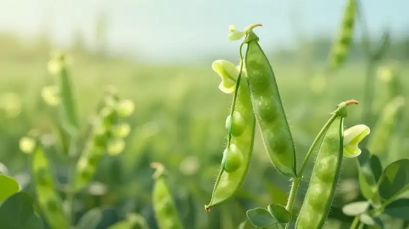 Vibrant green vetch flowers and pods glow under soft morning sunlight