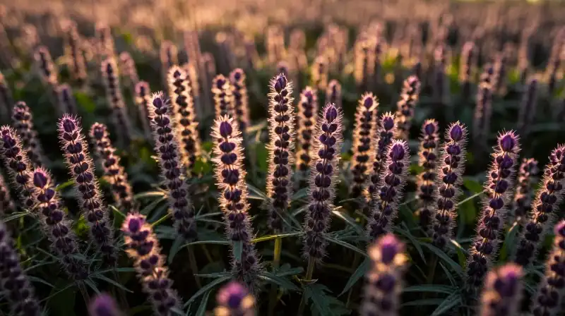 Golden hour light illuminates dense purple vetch pods in a cultivated field