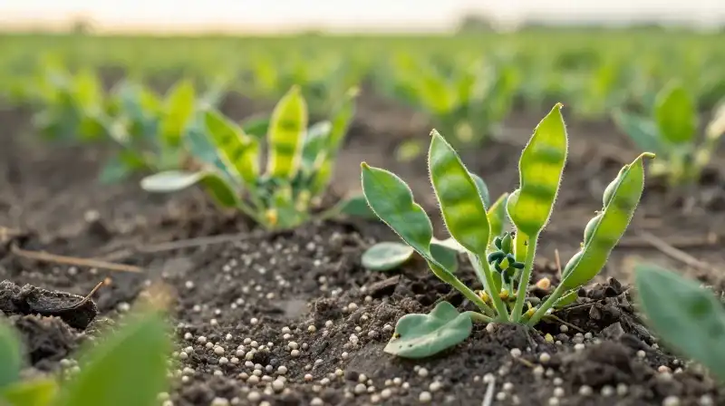 Vibrant green vetch pods and seeds scatter across the golden agricultural soil