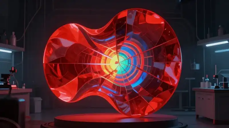 A brilliant red crystalline abstract form stands dramatically within a dark laboratory