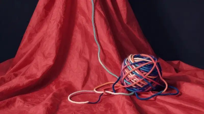 Vibrant red fabric and tangled yarn twist in a dramatic, surreal pile
