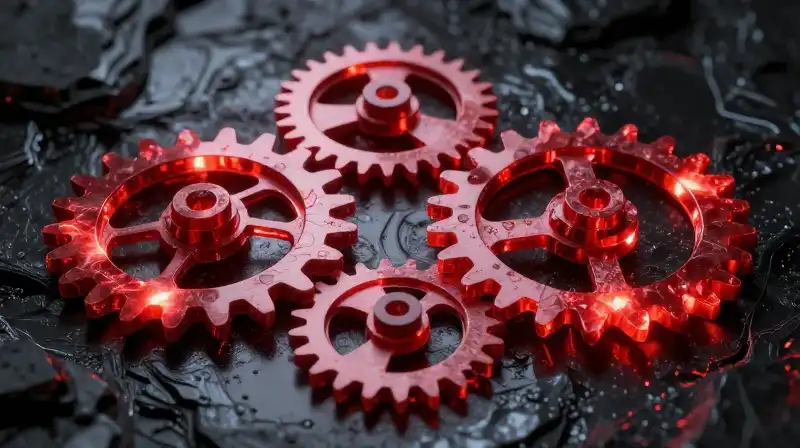 Interlocking red gear mechanisms gleam upon dark obsidian