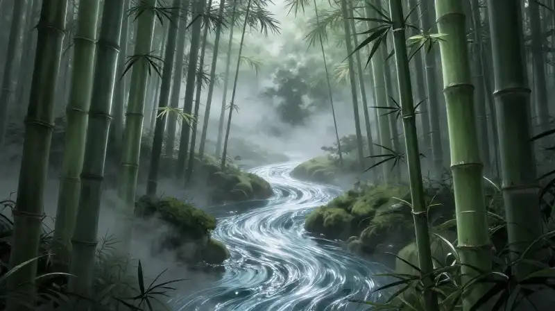 A tall bamboo stalk emerges from a misty, luminous crystal stream