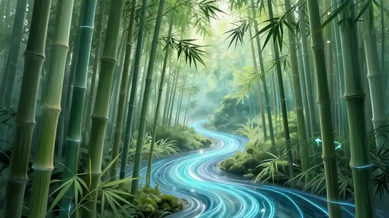 Lush bamboo borders a glowing azure stream, illuminated by soft, ethereal light