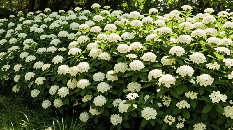 Flowering viburnum in a sunlit, meticulously manicured garden setting