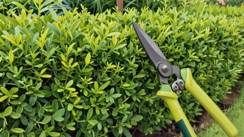 Sunlit garden features a manicured hedge and pruning shears