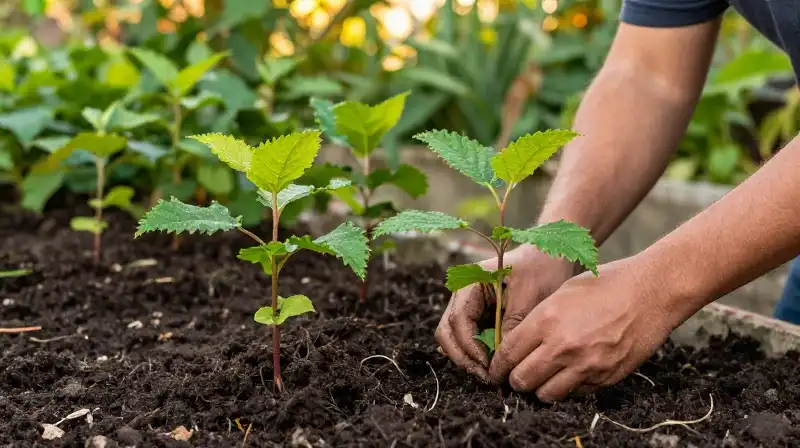 Warm golden light bathes hands nurturing young Viburnum plants in soil