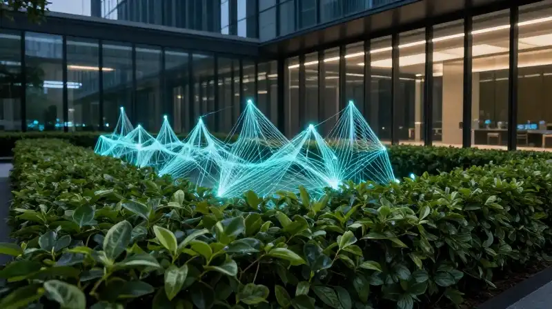 Data lines illuminate a lush hedge within a dramatic glass corridor
