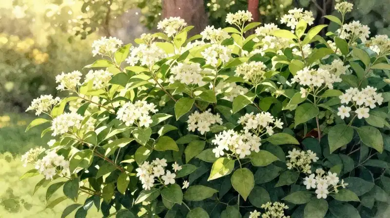 A vibrant viburnum hedge glows in dappled, warm garden sunlight
