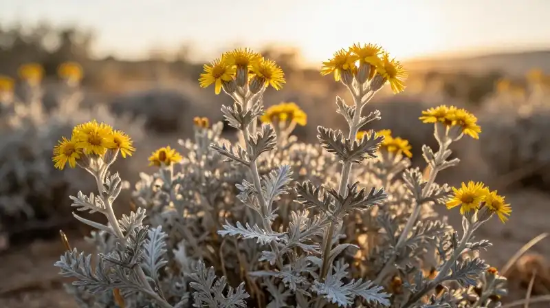 Intricate silver blooms glow in the warm light of a dry Mediterranean scrub