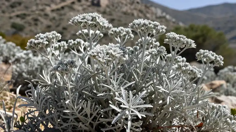 Detailed silvery helichrysum stands in bright Mediterranean sun