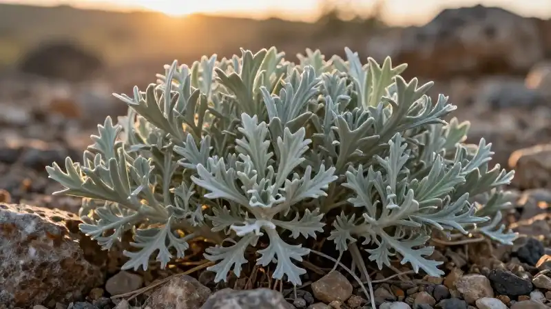 Silver-green foliage contrasts against arid rocks in a golden, detailed scene
