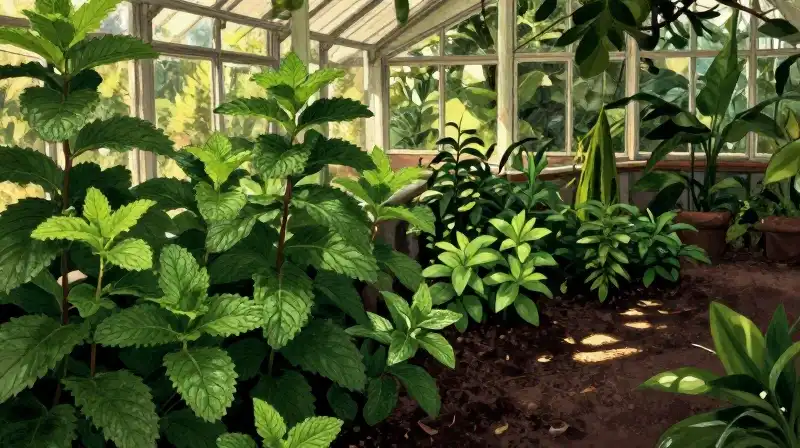 Detailed mint foliage glows under warm conservatory sun