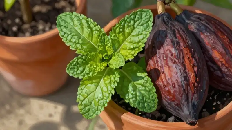 Vibrant green mint and rich cocoa pods bathed in dappled morning sunlight