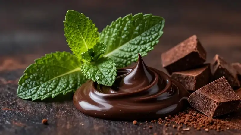 Fresh spearmint and chocolate macro scene with cinematic, moody lighting