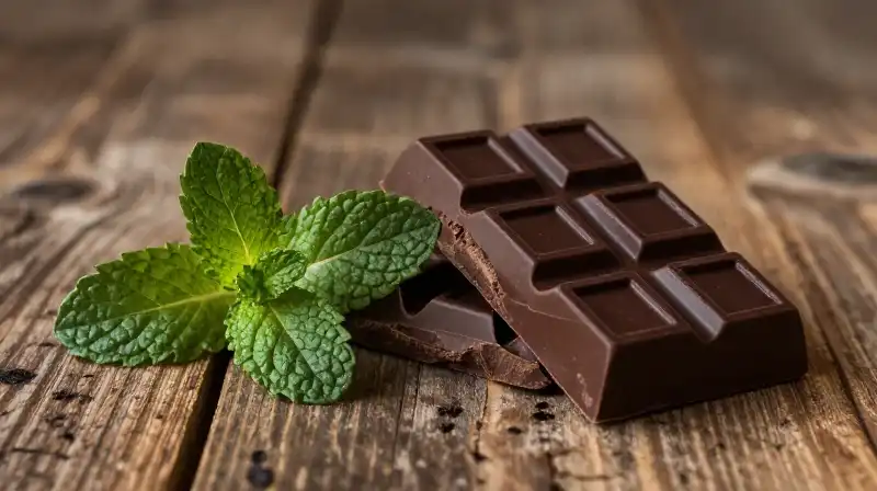 Dark chocolate pieces sit on a rustic wooden table under dramatic lighting