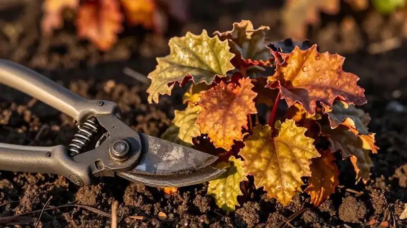 Shears prune caramel heuchera plants in glowing autumn soil