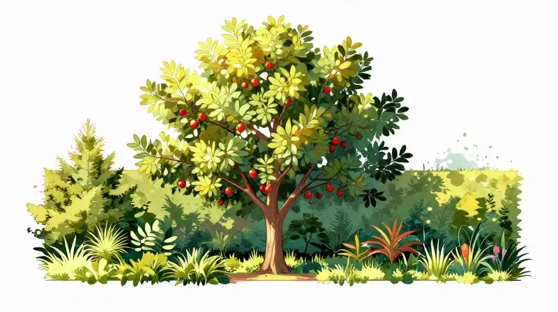 Detailed sketch of a hidden rose apple tree in golden light