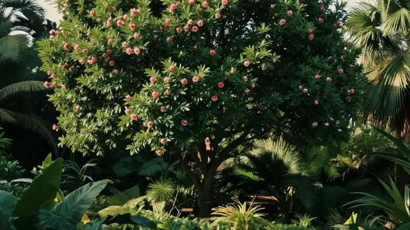 Dense tropical foliage covers a lush, sunlit hidden garden