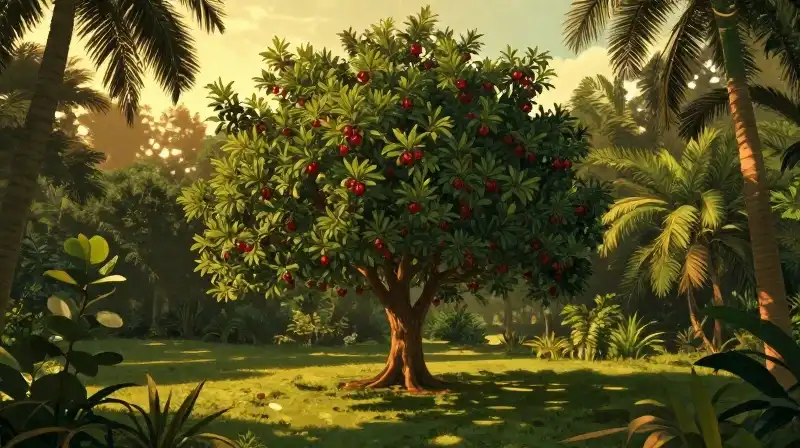 A painters illustration of a secret rose apple orchard bathed in golden sunlight