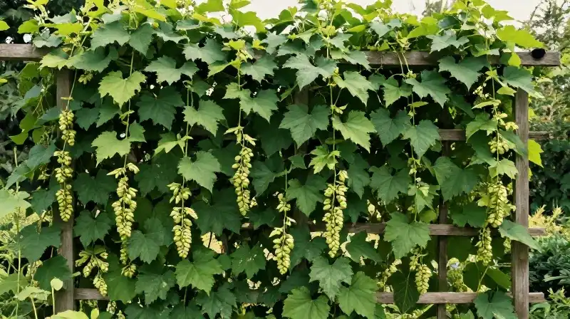 Lush green hop vines drape a wooden trellis in sunlight