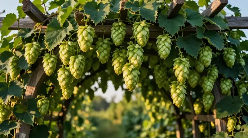 Warm sunlight bathes vibrant green hops on the sturdy wooden trellis