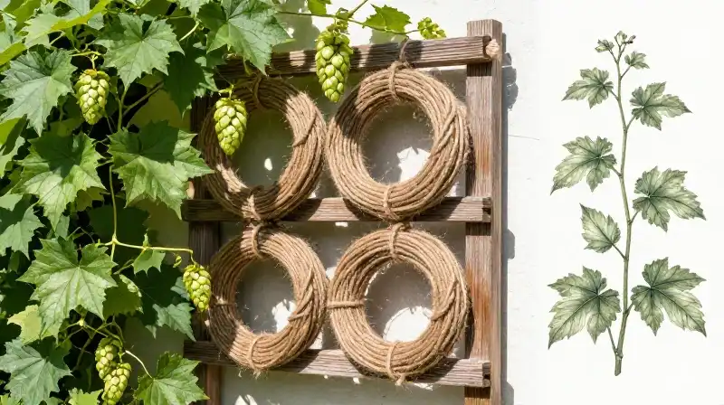 Lush green vines climb a rustic wooden trellis under dappled sunlight