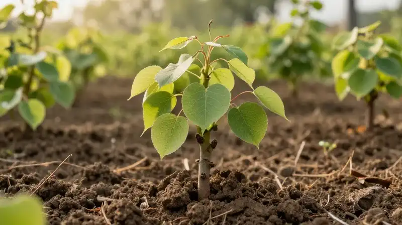 A detailed pear sapling bathed in warm golden sunlight