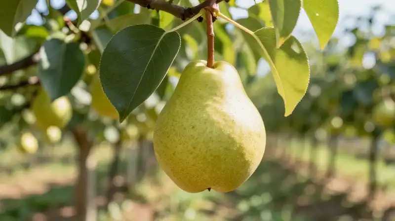 A sleek Asian pear hangs on a vine in a sun-dappled orchard