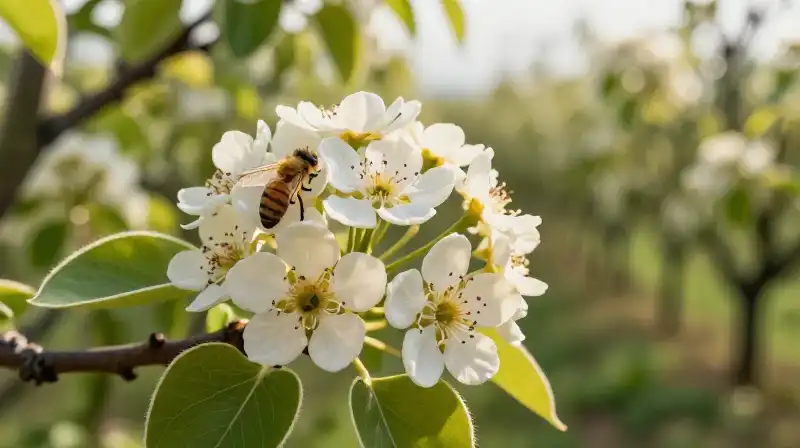 Delicate pollinator rests on a radiant pear blossom during golden hour