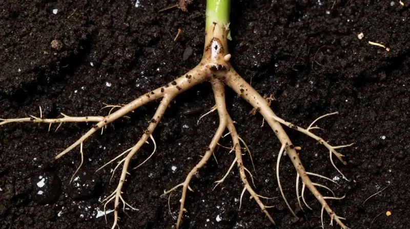 Stark, wet plant roots protrude from dark, saturated soil