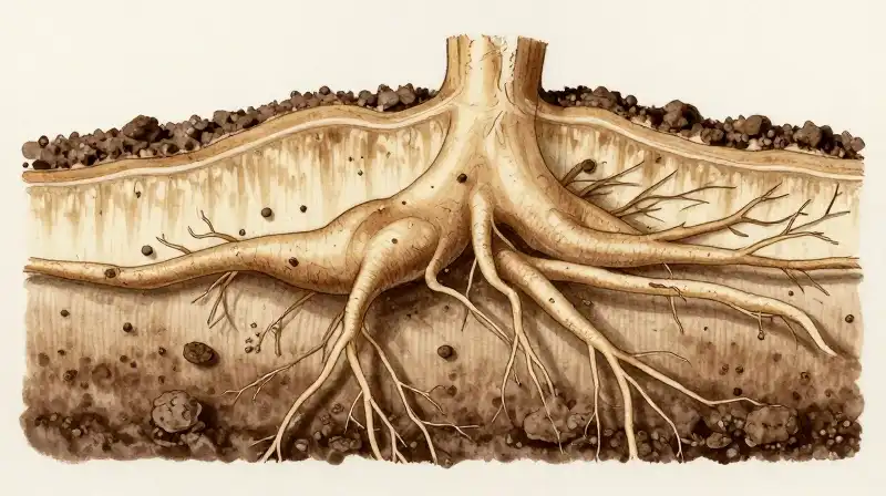 Vibrant roots thrive in detailed, warm, healthy soil