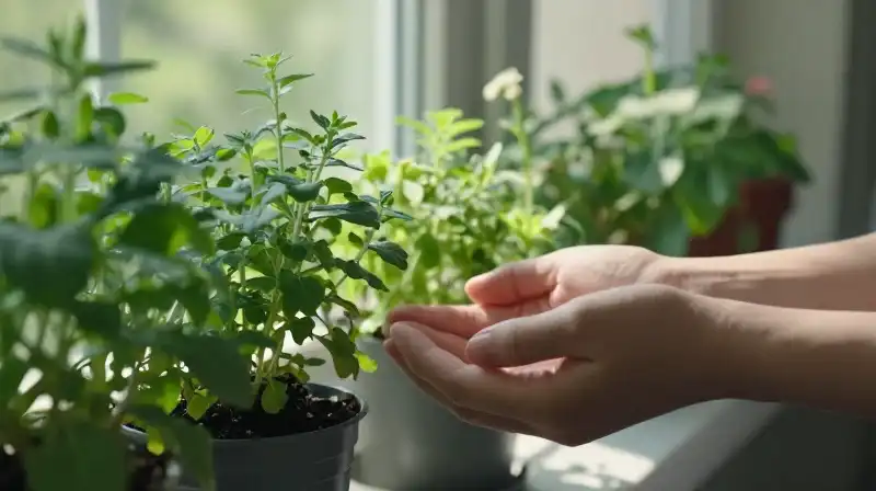 Bright sunlight illuminates cupped hands cradling lush green herbs