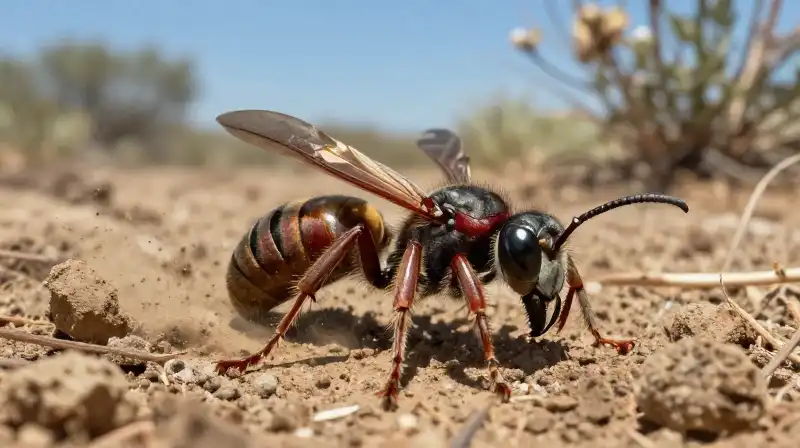 A huge tarantula hawk hovers over cracked, dry desert earth