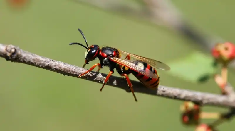 Red wasp sits vividly amongst blurred summer greenery