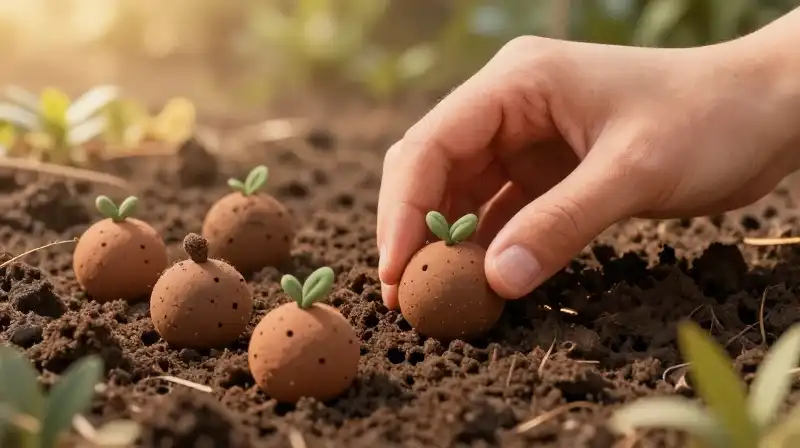 Hands carefully plant clay seeds into warm, textured earth