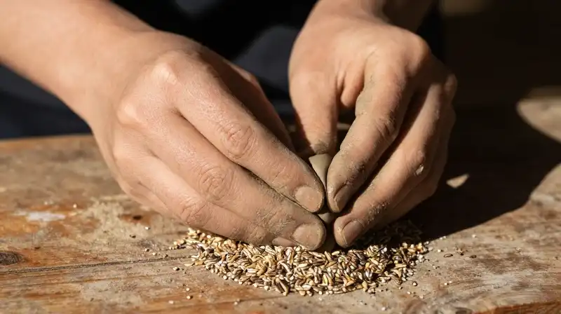 Warm sunlight bathes hands molding smooth clay on a rustic wooden surface