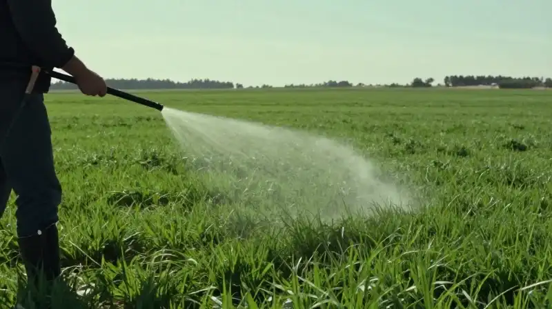 Spray targets vibrant green grass in a sunlit agricultural field