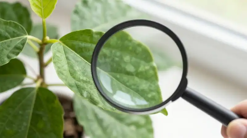 Magnifying glass examines a detailed Hoya leaf in bright, dappled sunlight
