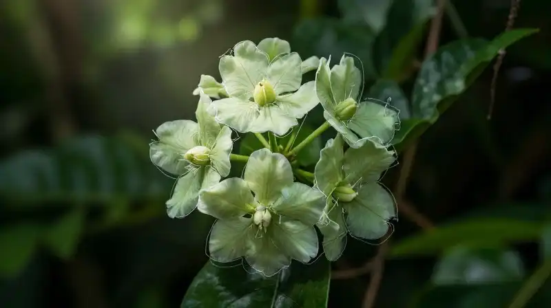 A vibrant Hoya flower detailed with technical blueprint lines