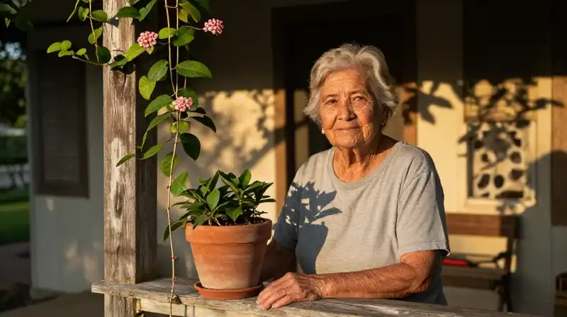 Elderly woman on a rustic porch bathed in warm golden light