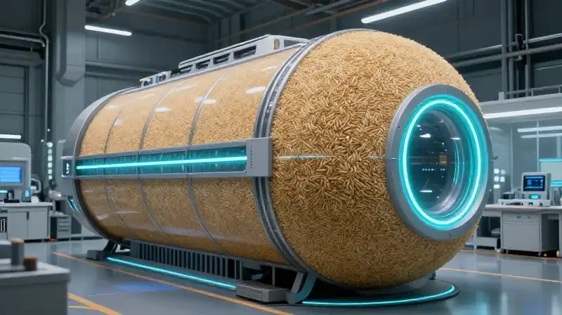 Granular, futuristic industrial hull glows under vibrant laboratory neon light