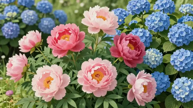 Vibrant peonies and dense blue hydrangeas bathed in soft sunlight