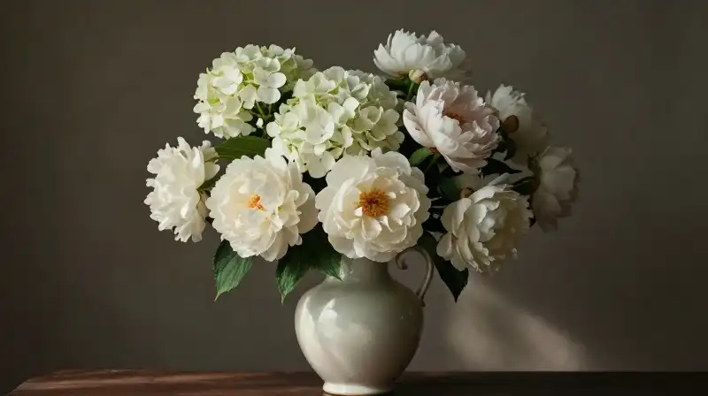 Voluminous blooms in a classical vase illuminated by soft sunlight