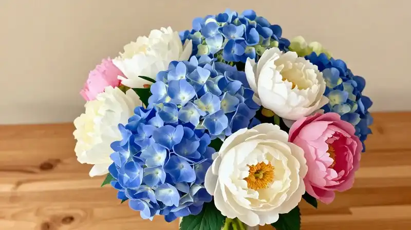 Vibrant flowers bloom on a warm, rustic wooden table